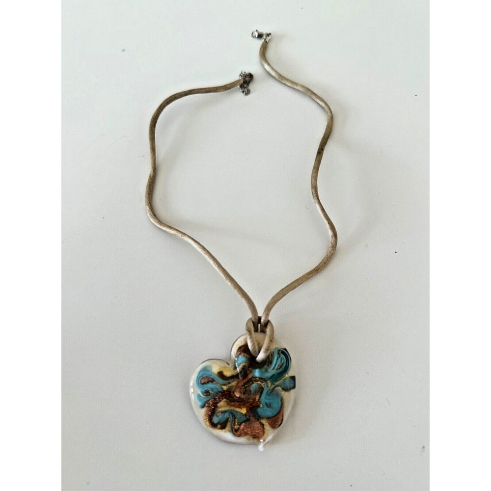 Murano Heart Glass Venetiarum Pendant Necklace Rope Sterling Clasp Aqua Gold - Picture 7 of 15